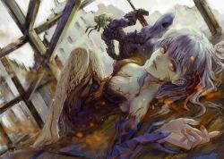 1girl 2girls angra_mainyu angra_mainyu_(fate) armor armored_dress artoria_pendragon_(fate) barefoot blonde_hair breasts cleavage corruption dark_persona dark_sakura dress dutch_angle excalibur_morgan_(fate) fate/stay_night fate_(series) long_hair looking_at_viewer lying matou_sakura multiple_girls on_back on_ground phideas possessed possession red_eyes ruins saber_(fate) saber_alter saber_alter_(second_ascension) signature standing white_hair