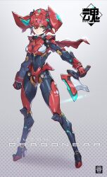 Rule 34 | 1girl, absurdres, axe, cape, character name, commentary request, english text, full body, green eyes, high heels, highres, holding, holding axe, horns, joints, korean commentary, looking at viewer, mar10, mechanical hair, mechanical horns, navel, original, red hair, robot girl, robot joints, solo, standing