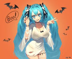 1girl absurdres bat_(animal) black_bra black_nails blue_eyes blue_hair blush bow bra breasts commentary dress english_commentary hair_between_eyes hair_bow halloween halloween_costume hatsune_miku highres large_breasts long_hair looking_at_viewer nail_polish see-through_clothes see-through_dress sharp_teeth solo speech_bubble teeth torn_clothes torn_dress twintails twitter_username underwear v very_long_hair vocaloid white_dress y_frt
