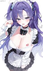 Rule 34 | 1girl, alternate costume, apron, black bow, black bowtie, black choker, black dress, blue archive, blush, bow, bowtie, breasts, choker, cleavage, collarbone, cowboy shot, detached collar, detached sleeves, dress, embarrassed, enmaided, eungae 09, eyelashes, foreshortening, frilled apron, frills, furrowed brow, hair intakes, hair ornament, halo, hand up, hashtag-only commentary, heart, highres, large breasts, lipstick mark, long hair, looking at viewer, maid, maid headdress, open mouth, paw pose, puffy short sleeves, puffy sleeves, purple eyes, purple hair, short sleeves, simple background, solo, sweat, triangle hair ornament, twitter username, two side up, very long hair, waist apron, wavy mouth, white apron, white background, yuuka (blue archive)
