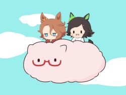 2girls :d animal_ears bandaid bandaid_on_cheek bandaid_on_face biwa_hayahide_(umamusume) black_hair blue_eyes blue_sky blush_stickers brown_hair chibi cloud day glasses gomashio_(goma_feet) hair_between_eyes hair_ornament hairclip hood hood_down hoodie horse_ears horse_girl horse_tail jitome multiple_girls narita_taishin_(umamusume) open_mouth outdoors parted_bangs red-framed_eyewear red_hoodie semi-rimless_eyewear shirt sky smile swept_bangs tail umamusume under-rim_eyewear white_shirt winning_ticket_(umamusume) |_|