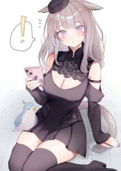 ! 1girl animal_ears bare_shoulders bird black_boots black_dress black_hat boots breasts brown_hair cat_ears cat_girl cat_tail cellphone cleavage cleavage_cutout clothing_cutout dress facial_mark final_fantasy final_fantasy_xiv hat highres holding holding_phone lilith_degree looking_at_viewer miqo&#039;te phone purple_eyes purple_nails shoulder_cutout sitting smartphone solo tail thigh_boots warrior_of_light_(ff14) whisker_markings yokozuwari