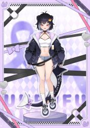 1girl antenna_hair bare_legs belt black_choker black_hair black_jacket blue_shorts breasts camisole cetacean_tail choker cleavage criss-cross_halter crop_top cutoffs denim denim_shorts double_bun fins fish_tail full_body hair_bun hair_ornament halterneck highres indie_virtual_youtuber jacket long_sleeves looking_at_viewer medium_breasts micro_shorts midriff mole mole_on_thigh multicolored_hair navel official_art open_clothes open_jacket open_mouth pink_eyes puffy_long_sleeves puffy_sleeves sbbs second-party_source shirt shoes short_hair shorts sleeveless sleeveless_shirt smile sneakers socks solo spaghetti_strap stomach streaked_hair tail thigh_strap thighs two-tone_hair uhpufu virtual_youtuber white_shirt white_sneakers white_socks