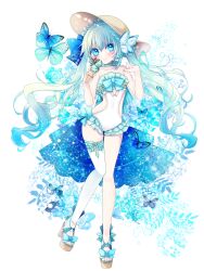 1girl blue_bow blue_butterfly blue_eyes blue_nails blush bow braid breasts bug butterfly clothing_cutout covered_navel dairoku_ryouhei frilled_leotard frills full_body hair_bow hat highres holding holding_ice_cream_cone ice_cream_cone insect koizumi_ginka leotard long_hair looking_at_viewer platform_sandals royaltea87 sandals side_cutout single_thighhigh small_breasts smile solo standing sun_hat thighhighs very_long_hair white_thighhighs