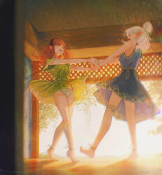 2girls :d absurdres anklet asimov_(spindle_(aidenr0)) bare_shoulders barefoot black_hairband blue_dress blurry bracelet brown_hair chromatic_aberration clothes_lift couple dancing dress dress_lift elf floral_print_panties grabbing_another&#039;s_hand green_dress hair_bun hairband hand_grab happy highres holding_hands indoors jewelry lens_flare light_rays loose_hair_strand mole mole_on_arm mole_on_leg motion_blur multiple_girls non-web_source open_mouth original ottilie_(spindle_(aidenr0)) panties pantyshot pointy_ears self-upload single_hair_bun smile spindle_(aidenr0) sun_glare sunbeam sunlight underwear white_hair white_panties white_trim wind wind_lift wooden_floor yellow_trim yuri