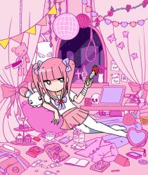 1girl animal bag bandaged_arm bandages banknote black_eyes blunt_bangs book bow boxcutter bug butterfly can chips_(food) cityscape coin computer cosmetics cross crystal cup cupcake disco_ball dollar_bill drink_can drinking_straw ezaki_bisuko flower food fruit hair_bow heart hexagram highres holding holding_boxcutter insect jewelry knife laptop lying menhera-chan_(ezaki_bisuko) menhera-chan_(ezaki_bisuko)_(character) milk_carton money necklace night night_sky noose note pencil_case phone pillow pink_pillow pink_sailor_collar pink_skirt pink_theme pleated_skirt profanity purple_bow rabbit sailor_collar skirt skull sky soda_can solo star_(sky) star_of_david starry_sky strawberry string_of_flags stuffed_animal stuffed_toy syringe teddy_bear thighhighs tissue_box usatan_(ezaki_bisuko) vase white_thighhighs yami_kawaii