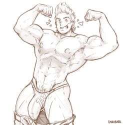 Rule 34 | 1boy, abs, armpits, artist name, bara, bare pectorals, biceps, boku no hero academia, bulge, commentary, english commentary, enzobara, erection, erection under clothes, flexing, grin, highres, looking at viewer, male focus, monochrome, muscular, muscular male, navel, nipples, notice lines, pectorals, penis, smile, togata mirio, topless male, white background