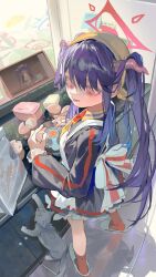Rule 34 | 1girl, absurdres, apron, black hair, black horns, blue archive, blush, butter, cat, demon horns, egg, egg (food), egg yolk, flour, food, fuuka (blue archive), halo, headscarf, highres, horns, livestream, long hair, long sleeves, looking at viewer, looking down, omurice (304975636), red eyes, red halo, solo, tablet pc, twintails, white apron, yellow headscarf