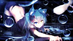 &gt;:3 1girl :3 animal_ears bare_shoulders blue_eyes blue_hair butt_crack cat_ears cat_girl cat_tail cropped duplicate female_focus hatsune_miku highres image_sample kemonomimi_mode long_hair multicolored_eyes paw_pose qys3 ribbon shirt_slip short_shorts shorts solo tail thighhighs v-shaped_eyebrows very_long_hair vocaloid yellow_eyes