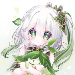 1girl :o aranara_(genshin_impact) blush bracelet close-up crossed_arms genshin_impact gradient_hair green_eyes green_hair hair_ornament hamiyamiko heart heart_background holding jewelry leaf_hair_ornament long_hair multicolored_hair nahida_(genshin_impact) pointy_ears signature sleeveless solo symbol-shaped_pupils two-tone_hair white_background white_hair