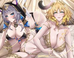 2girls absurdres aglaea_(honkai:_star_rail) all_fours animal_ear_fluff animal_ears animal_hood ass black_bra black_choker black_panties blonde_hair blue_eyes bra breast_tattoo breasts butt_crack cat_ears cat_girl cat_hood cat_tail choker cipher_(honkai:_star_rail) cleavage commentary english_commentary gold_tattoo green_eyes grey_hair highres honkai:_star_rail honkai_(series) hood kawanmushi large_breasts laurel_crown looking_at_viewer lying mole mole_on_breast multiple_girls navel on_side panties parted_lips short_hair short_hair_with_long_locks stomach tail tattoo thread twitter_username underwear white_bra white_panties