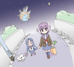 Rule 34 | 00s, 2girls, achakura, artist request, asakura ryoko, blue hair, headphones, holding hands, kimidori-san, long hair, moon, multiple girls, nagato yuki, night, planet, purple hair, school uniform, short hair, skirt, sky, suzumiya haruhi-chan no yuuutsu, suzumiya haruhi no yuuutsu