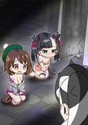 Rule 34 | 1boy, 2girls, a (phrase), asymmetrical bangs, black hair, blush, breasts, brown eyes, brown hair, cardigan, caught, closed mouth, dress, empty eyes, gloria (pokemon), green eyes, green headwear, grey cardigan, hair ribbon, highres, marnie (pokemon), multiple girls, nintendo, open mouth, outline, panties around leg, piers (pokemon), pink dress, pokemon, pokemon swsh, pussy juice, pussy juice on legs, pussy juice puddle, red dress, red ribbon, ribbon, seiza, short dress, short hair, sitting, surupoan (nao+), tears, twintails, yuri