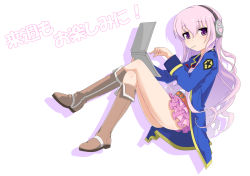 10s belt boots candy computer food headphones highres knee_boots kurabayashi_aya laptop lollipop long_hair pink_hair purple_eyes skirt solo tantei_opera_milky_holmes tooyama_saku translation_request