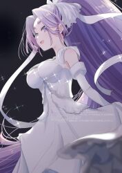 1girl alternate_costume big_hair black_background breasts commentary_request dress elbow_gloves gloves hatsuharu_(kancolle) highres hikimayu kantai_collection kimura_shiki long_hair medium_breasts ponytail purple_eyes purple_hair short_eyebrows smile solo white_dress white_gloves