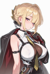 1girl absurdres akirai arm_strap black_pants blonde_hair breasts chest_harness cleavage collared_shirt covered_erect_nipples elbow_gloves evelyn_chevalier full_body gloves half_gloves harness high-waist_pants highres jacket jacket_on_shoulders large_breasts latex_pants looking_at_viewer mole mole_on_neck mole_under_eye necktie pants parted_lips purple_eyes shirt single_elbow_glove single_half_glove string tight_clothes tight_pants white_shirt yellow_necktie zenless_zone_zero