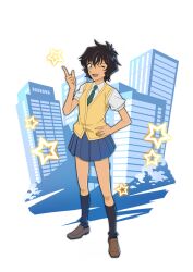 1girl ;d black_hair blue_eyes blue_skirt brown_shoes building collared_shirt crossed_bangs fang finger_gun full_body green_necktie hand_on_own_hip hand_up kneehighs loafers looking_at_viewer meitantei_conan miniskirt necktie non-web_source official_art one_eye_closed open_mouth pleated_skirt school_uniform sera_masumi shirt shoes short_hair skirt smile socks solo standing star_(symbol) summer_uniform teitan_high_school_uniform transparent_background vest white_shirt yellow_vest