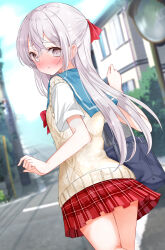 1girl bag blue_sailor_collar blush commentary_request day from_behind grey_hair hamaken._(novelize) highres long_hair looking_at_viewer looking_back miniskirt original outdoors paid_reward_available plaid_clothes plaid_skirt pleated_skirt red_skirt sailor_collar school_bag school_uniform shirt short_sleeves skirt solo sweater_vest white_shirt yellow_sweater_vest