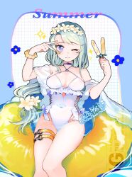 1girl blush breasts casual_one-piece_swimsuit choker cutout_above_navel eto_(etonomemo1008) flower food frilled_one-piece_swimsuit frills grey_hair hair_flower hair_ornament hairband highleg highleg_one-piece_swimsuit highres holding holding_food holding_popsicle innertube kantai_collection long_hair looking_at_viewer o-ring o-ring_swimsuit one-piece_swimsuit one_eye_closed popsicle purple_eyes sagiri_(kancolle) sagiri_(swimsuit)_(kancolle) shawl side-tie_swimsuit smile solo swim_ring swimsuit water white_choker white_one-piece_swimsuit