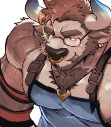 1boy absurdres animal_ears another_eidos-r apron bara closed_mouth commentary cow_boy cow_ears cow_horns face_piercing from_above furry furry_male glasses highres horns male_focus muscular muscular_male nipple_piercing nipples nose_piercing nose_ring pectorals piercing riotaro smile sparkle sweat symbol-only_commentary tongue tongue_out volund_(another_eidos) white_background