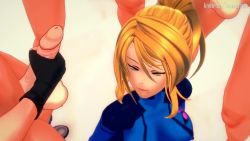 1girl 3d 6+boys animated audible_speech blonde_hair bondsheet breasts breasts_squeezed_together bukkake collarbone cum cum_on_body cum_on_clothes cum_on_hair ejaculation erection facial green_eyes head_out_of_frame hetero koikatsu_(medium) lips lipstick looking_at_viewer makeup male_masturbation masturbation metroid metroid_dread mole mole_under_mouth multiple_boys nintendo nude penis ponytail samus_aran skin_tight sound transformation video zero_suit