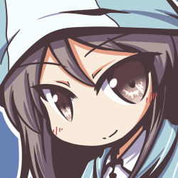 Rule 34 | 1girl, blue background, blue hat, blush, brown eyes, brown hair, chibi, closed mouth, deformed, dress shirt, fictional sister, girls und panzer, hat, keizoku school uniform, long hair, long sleeves, looking at viewer, mika (girls und panzer), no nose, school uniform, shirt, simple background, smile, solo, striped clothes, striped shirt, sweater, tulip hat, upper body, vertical-striped clothes, vertical-striped shirt, vertical-striped sweater, white shirt
