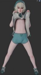 3d artist_request bloomers blue_eyes checkered_background clothes_lift flashing flat_chest headdress highres lifting_own_clothes loli navel nier nier_(series) shirt_lift shoes short_hair skirt skirt_lift stomach underwear white_hair yonah