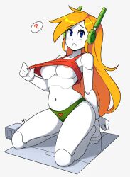 1girl ? android ayb barefoot blonde_hair blue_eyes blush breasts clothes_lift curly_brace doukutsu_monogatari female highres joints kneeling long_hair navel nipples open_mouth panties robot_ears robot_girl robot_joints shirt_lift simple_background solo speech_bubble underwear