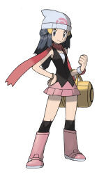 Rule 34 | 1girl, absurdres, bag, bangle, bare arms, beanie, black shirt, black socks, blue eyes, blue hair, boots, bracelet, breasts, dawn (pokemon), duffel bag, full body, hand on own hip, hat, highres, jewelry, knee boots, kneehighs, knees, knit hat, layered clothes, legs apart, long hair, looking at viewer, nintendo, official art, over-kneehighs, pink boots, pokemon, pokemon dppt, print headwear, red scarf, scarf, shirt, sidelocks, simple background, skirt, sleeveless, sleeveless shirt, small breasts, smile, socks, solo, source request, standing, sugimori ken, tachi-e, thighhighs, thighs, third-party source, white background, white hat, yellow bag