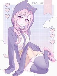 Rule 34 | 1girl, :o, blush, breasts, collared shirt, danganronpa (series), danganronpa 2: goodbye despair, flipped hair, hair ornament, heart, highres, hood, jacket, long sleeves, looking at viewer, medium hair, nanami chiaki, neck ribbon, no hair ornament, open clothes, open jacket, pink eyes, pink ribbon, pleated skirt, ribbon, rrr (0o73 rrr), shirt, shirt tucked in, sitting, skirt, solo, thighhighs, two-tone shirt, white shirt
