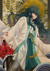 1boy absurdres black_eyes black_hair blue_eyes blue_sash chinese_clothes hanfu heterochromia high_ponytail highres holding holding_weapon hong_lu_(project_moon) limbus_company long_hair long_sleeves looking_at_viewer male_focus official_alternate_costume ponytail project_moon ribbon sash simple_background solo standing tako0mari upper_body very_long_hair weapon white_hanfu yellow_background yellow_ribbon