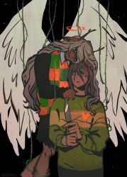 1girl 1other angel_wings antlers asteraws black_background black_skirt blonde_hair brown_hair checkered_clothes checkered_vest commentary deer_antlers deer_girl deltarune english_commentary furry furry_female green_shirt halo hand_on_another&#039;s_head hand_on_another&#039;s_shoulder heart highres holding holding_knife horns jewelry knife kris_(deltarune) long_hair long_sleeves looking_at_another looking_up medium_hair noelle_holiday plant puppet_strings red_halo ring shirt signature skirt striped_clothes striped_shirt thorns very_long_hair vest vines weird_route_(deltarune) white_wings wings