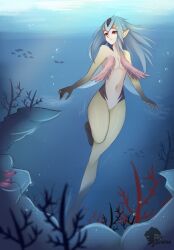 absurdres air_bubble ao_no_roku-gou arm_fins blue_hair bubble colored_skin coral coral_reef facial_mark fish fish_girl highres mermaid monster_girl multicolored_skin mutio nude ocean pointy_ears red_eyes skyversa swimming underwater yellow_skin