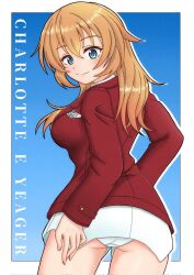 Rule 34 | 1girl, amanone yun, back, blue background, breasts, charlotte e. yeager, highres, insignia, jacket, large breasts, long hair, looking at viewer, looking back, military, military uniform, no pants, orange hair, panties, red jacket, simple background, smile, solo, standing, strike witches, underwear, white panties, world witches series