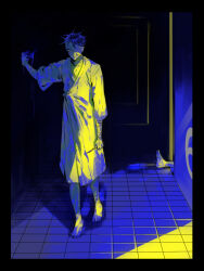 1boy bandaged_arm bandaged_chest bandaged_head bandaged_leg bandages barefoot black_border blood blood_on_clothes border corpse cracked_skin highres hospital_gown male_focus mini_(mini_ma_list) omokage_yugamu one_eye_covered purple_blood purple_theme scalpel short_hair smeared_blood the_hundred_line_-last_defense_academy- tile_floor tiles yellow_theme
