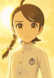 1girl ahoge braid brown_eyes brown_hair buttons closed_mouth commentary_request eyelashes hair_ornament highres jacket juliana_(pokemon) long_hair looking_at_viewer nakikot_t nintendo outdoors pokemon pokemon_sv solo sun upper_body white_jacket