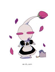 Rule 34 | alternate costume, annoyed, apron, black dress, bucket, bud, collared dress, colored skin, commentary request, creature, creature focus, dress, enmaided, falling petals, frilled dress, frills, furrowed brow, half-closed eyes, long dress, maid, nintendo, no humans, no mouth, petals, pikmin (creature), pikmin (series), poison, puffy short sleeves, puffy sleeves, red eyes, romaji text, shadow, short sleeves, simple background, solid oval eyes, solo, standing, star button, t (user rftm8574), white apron, white background, white pikmin, white skin