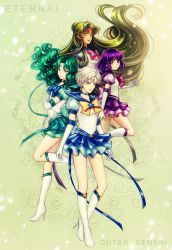 4girls back_bow bishoujo_senshi_sailor_moon bishoujo_senshi_sailor_moon_stars black_neckwear black_sailor_collar blue_bow blue_eyes blue_neckwear blue_sailor_collar blue_skirt boots bow brooch choker closed_mouth dark-skinned_female dark_skin earrings elbow_gloves facial_mark forehead_mark gloves green_background green_hair green_neckwear green_sailor_collar green_skirt hair_bun high_heel_boots high_heels highres jewelry kaiou_michiru kay-i knee_boots layered_skirt light_smile long_hair magical_girl meiou_setsuna multiple_girls neptune_symbol outer_senshi parted_bangs pleated_skirt pluto_symbol puffy_sleeves purple_bow purple_hair purple_neckwear purple_sailor_collar purple_skirt red_bow red_eyes sailor_collar sailor_neptune sailor_pluto sailor_saturn sailor_senshi sailor_senshi_uniform sailor_uranus saturn_symbol short_hair single_hair_bun skirt smile star_(symbol) star_brooch star_choker star_earrings stiletto_boots stiletto_heels super_sailor_neptune_(stars) super_sailor_pluto_(stars) super_sailor_saturn_(stars) super_sailor_uranus_(stars) tan ten&#039;ou_haruka tomoe_hotaru uranus_symbol very_short_hair wavy_hair white_footwear white_gloves white_hair yellow_bow