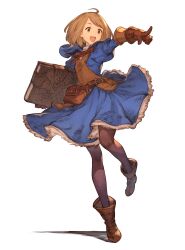 1girl ahoge blue_dress book boots brown_boots brown_eyes brown_hair dojen dress full_body fur-trimmed_dress fur_trim gloves highres holding holding_book hooded_dress juliet_sleeves leather leather_apron leather_bag leather_gloves long_sleeves medium_dress medium_hair neck_ribbon open_mouth original pantyhose pointing puffy_sleeves red_ribbon ribbon simple_background solo standing standing_on_one_leg teeth upper_teeth_only vambraces waist_bag white_background