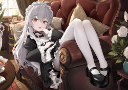 absurdres couch grey_hair hand_to_own_mouth highres maid mary_janes on_couch original pantyhose pointy_ears red_eyes shoes white_pantyhose ye_yemail