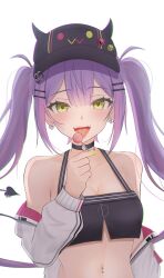 1girl backlighting baseball_cap bibi_(tokoyami_towa) black_choker black_hat black_tank_top blush breasts candy center-flap_bangs choker cleavage commentary crop_top demon_tail double-parted_bangs earrings eyelashes fake_horns food green_eyes green_nails hair_ornament hairclip hat hat_pin highres hillgar0 holding holding_candy holding_food holding_lollipop hololive horned_headwear horns jacket jewelry lollipop long_hair looking_at_viewer medium_breasts multicolored_hair nail_polish navel navel_piercing o-ring o-ring_choker off_shoulder open_clothes open_jacket open_mouth piercing pink_hair purple_hair simple_background smile solo streaked_hair tail tail_ornament tail_piercing tank_top tokoyami_towa tokoyami_towa_(1st_costume) tongue twintails two-sided_fabric two-sided_jacket two-tone_hair upper_body virtual_youtuber white_background white_jacket