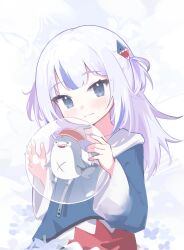 1girl absurdres bloop_(gawr_gura) blue_eyes blue_hair blue_jacket blue_nails gawr_gura gawr_gura_(1st_costume) highres hololive hololive_english hood hood_down hooded_jacket jacket klaius light_blush long_hair long_sleeves looking_at_viewer multicolored_hair nail_polish simple_background smile solo streaked_hair two-tone_hair two_side_up upper_body virtual_youtuber white_hair wide_sleeves