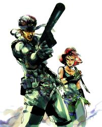 1boy 1girl absurdres aiming bandana belt breasts cleavage fingerless_gloves flipped_hair gloves gun h&amp;k_mark_23 handgun headband highres holding holding_gun holding_knife holding_weapon knife meryl_silverburgh metal_gear_(series) metal_gear_solid official_art red_hair reverse_grip scan shinkawa_youji signature simple_background sneaking_suit solid_snake tank_top utility_belt weapon white_background