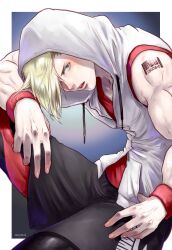 Rule 34 | 1boy, alternate costume, angie (kani-ga-tobuna), arm on knee, barcode, barcode tattoo, bare shoulders, black shorts, blonde hair, blue eyes, border, commentary request, ed (street fighter), highres, hood, hoodie, knee up, looking at viewer, male focus, official alternate costume, open mouth, outside border, red shirt, shirt, shorts, shoulder tattoo, sleeveless, sleeveless hoodie, sleeveless shirt, solo, sportswear, street fighter, street fighter 6, tattoo, teeth, upper teeth only, white border, white hoodie