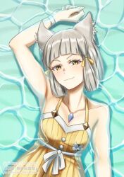 1girl animal_ears arm_behind_head armpits artist_name breasts cat_ears cleavage grey_hair highres looking_at_viewer lying medium_breasts nia_(xenoblade) short_hair solo xenoblade_chronicles_(series) xenoblade_chronicles_2 yellow_eyes