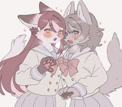 blue_eyes brown_hair fur furry grey_hair heart heart-shaped_pupils long_hair love_live! love_live!_sunshine!! multiple_girls necktie pawpads red_hair sakurauchi_riko school_uniform serafuku short_hair symbol-shaped_pupils tail uranohoshi_school_uniform watanabe_you yellow_eyes