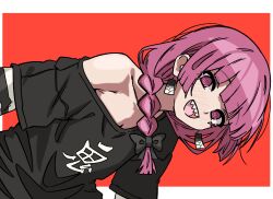 :d @_@ absurdres arm_warmers black_bow black_shirt blunt_bangs bocchi_the_rock! bow braid earrings ghuler hair_bow hair_over_shoulder hanafuda_earrings highres hiroi_kikuri jewelry leaning_forward long_hair looking_at_viewer low-braided_long_hair low-tied_long_hair open_mouth print_shirt purple_eyes purple_hair red_background sharp_teeth shirt shirt_slip short_sleeves simple_background single_bare_shoulder single_braid smile striped_arm_warmers teeth upper_body