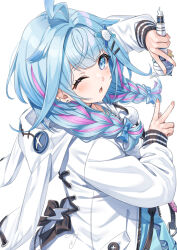 1girl ahoge animal_ears animal_hood blue_bow blue_eyes blue_hair blue_shirt blush bow braid commentary_request double_v ear_piercing fake_animal_ears hair_bow hair_intakes hair_ornament hair_over_shoulder hairclip holding holding_microphone hololive hololive_dev_is hood hood_down hooded_jacket jacket long_hair long_sleeves looking_at_viewer low_twintails microphone miri_(ago550421) mizumiya_su multicolored_hair one_eye_closed parted_lips piercing pink_hair puffy_long_sleeves puffy_sleeves rabbit_ears rabbit_hood shirt simple_background sleeves_past_wrists solo streaked_hair sweat twin_braids twintails v virtual_youtuber white_background white_jacket