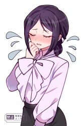 Rule 34 | 1girl, black hair, black skirt, blush, bow, bowtie, closed eyes, commentary, flying sweatdrops, hand to own mouth, hand up, highres, kimi no koto ga dai dai dai dai daisuki na 100-nin no kanojo, long sleeves, morikita kimari, open mouth, parted bangs, puffy long sleeves, puffy sleeves, shirt, simple background, skirt, solo, todoroki gk2, watermark, white background, white bow, white bowtie, white shirt