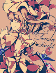 1girl backless_outfit blonde_hair character_name cow flandre_day flandre_scarlet from_behind gokuu_(acoloredpencil) hat highres limited_palette mob_cap orange_eyes pink_background pink_theme red_shirt red_skirt shirt side_ponytail skirt slit_pupils solo touhou vampire white_hair wings